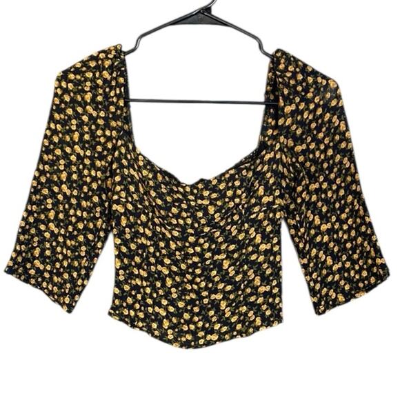 Reformation Black Floral 3/4 Sleeve Crop Top Women's 2 - Picture 2 of 7